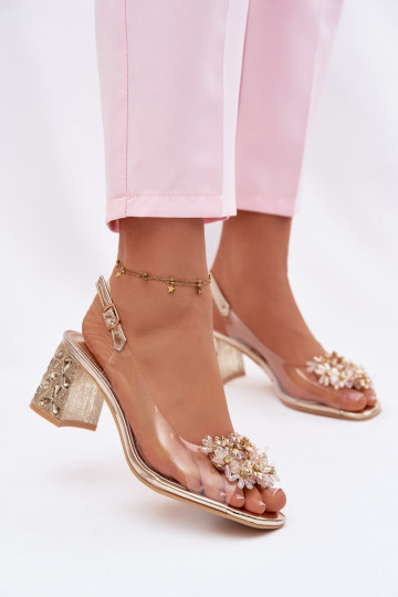 Transparante sandalen met hakken en glinsterende steentjes Vinceza 70124 in goud
