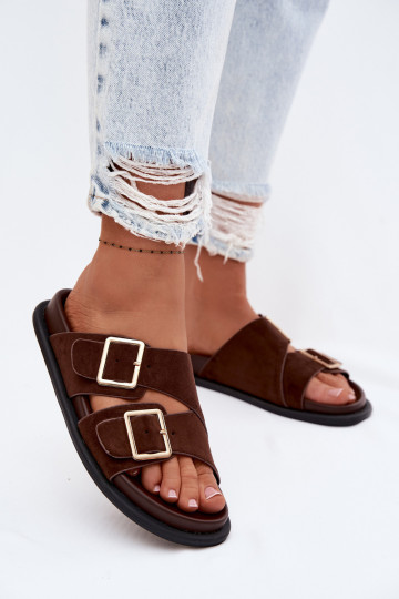 Pantoufles pour femmesImitacji en daimu couleur dorée avec boucles CzekoladoÀe Selissea 2