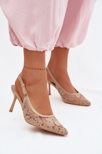 Sandales pour femmes avec des talons fins avec de la dentelle beige Pelivelle