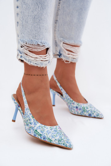 Versierd Dames sandalen met dunne hakken met bloemen blauIn Olivelle