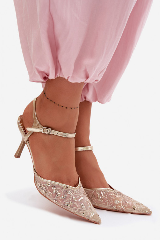 grille Sandales pour femmes avec des talons finsavec éclatującym Zdobieniem couleur dorée Laria