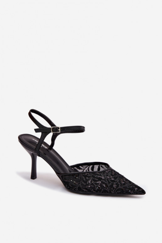 grille Sandales pour femmes avec des talons finsavec éclatującym Zdobieniem couleur noire Laria