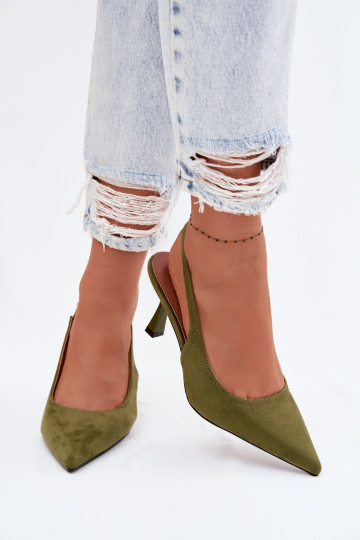 Dames sandalen met dunne hakkenImitacji van suèdeu groene kleur Saria