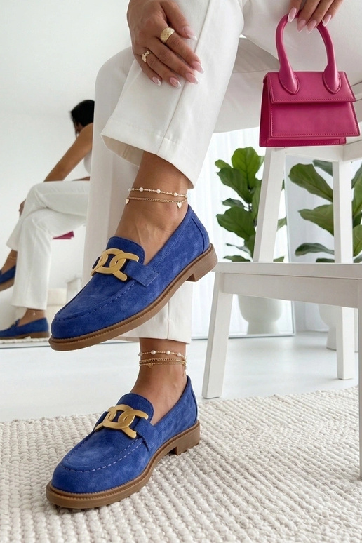 Blauwe mocassins met decoratieve gesp...