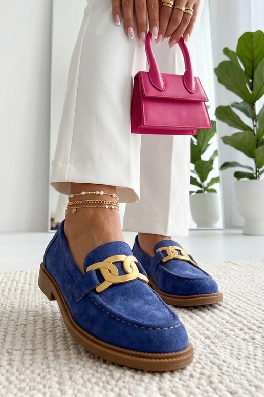 Blauwe mocassins met decoratieve gesp...