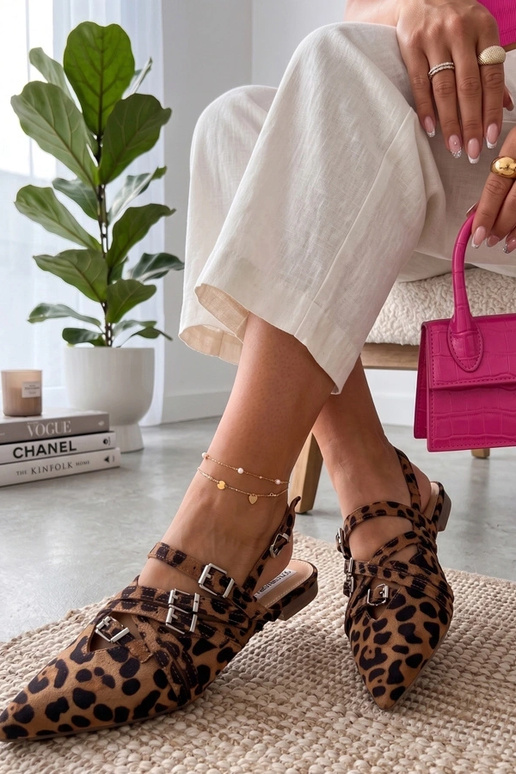 Ballerines à imprimé léopard avec talon ouvert, décorées de rubans Theodora