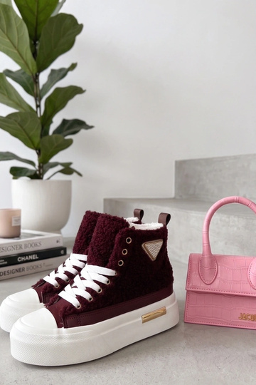 Bordeaux platform sneakers met bont en rhinestones boven de enkel Lucia 2