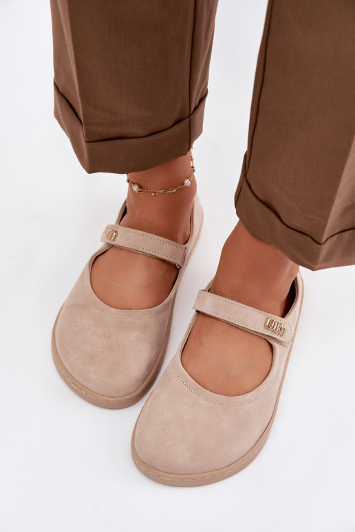 Lederne Wildlederschuhe Barefoot Ballerinas mit Riemchen Zazoo 10206 in Sandfarbe