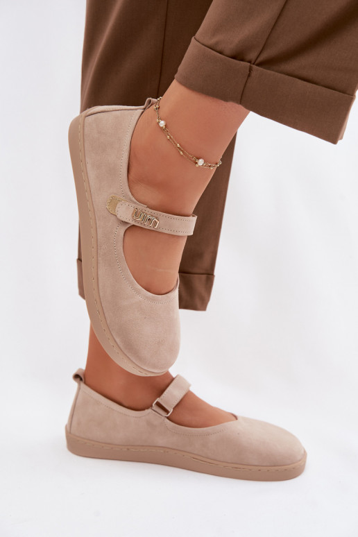 Leren suède ballerina's Barefoot met bandjes Zazoo 10206 zandkleur