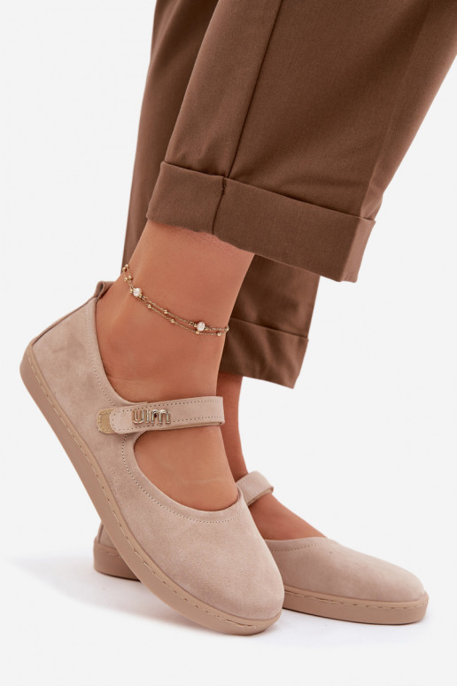 Leren suède ballerina's Barefoot met bandjes Zazoo 10206 zandkleur