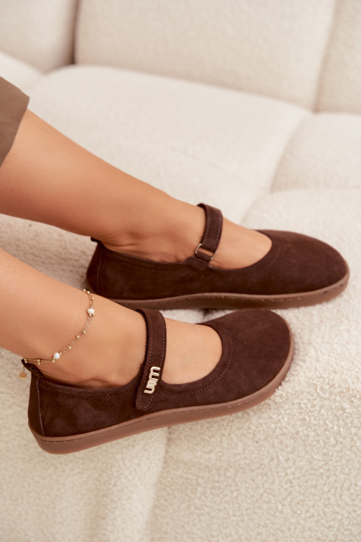 Leren suède ballerina's Barefoot met bandjes Zazoo 10206 chocolade kleur