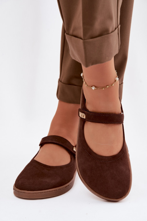 Lederne Wildlederschuhe Barefoot Ballerinas mit Riemchen Zazoo 10206 in Schokoladenfarbe