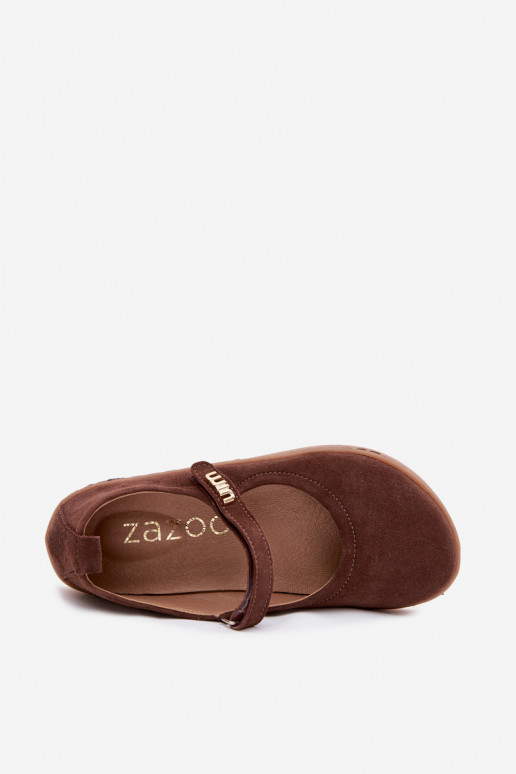 Leren suède ballerina's Barefoot met bandjes Zazoo 10206 chocolade kleur