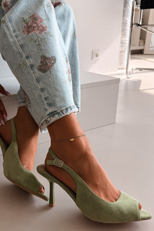 Dames sandalen met dunne hakjes van kunstsuède in groene kleur Sevina