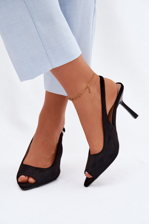 Dames sandalen met dunne hakjes van kunstsuède in zwarte kleur Sevina