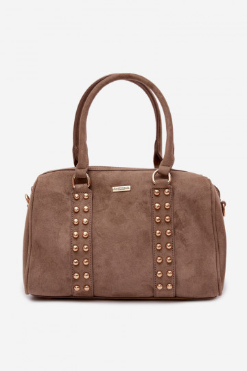 Kofferachtige tas met gouden studs in donker zandkleur Emelle