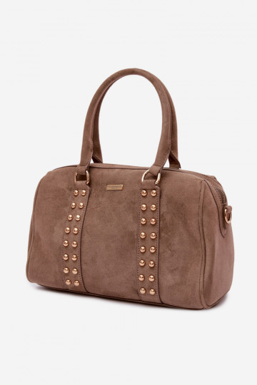 Kofferachtige tas met gouden studs in donker zandkleur Emelle 2