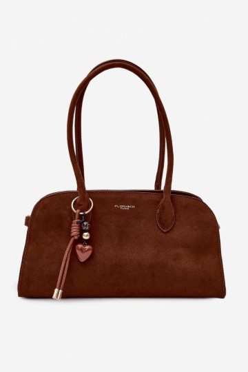 Violette tas met sleutelhanger en gespen in kunstsuède bruin