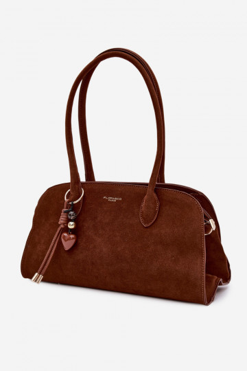 Violette tas met sleutelhanger en gespen in kunstsuède bruin 2