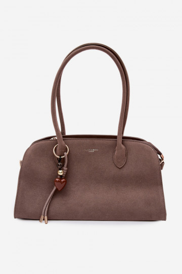 Tasche mit Anhänger und Schnallen aus Kunstsuede in dunkelbeige Violette