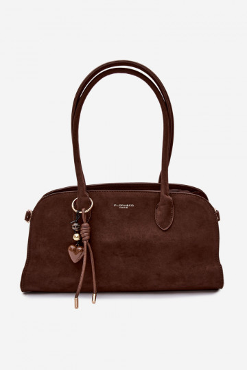 Violette tas met sleutelhanger en gespen in kunstsuède chocoladekleur