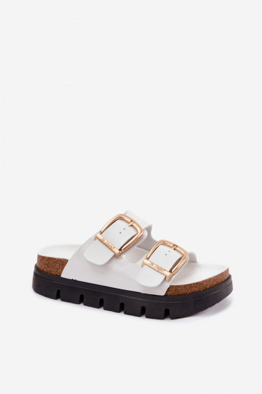 Weiße lackierte Damen-Slipper mit Plattform und goldenen Schnallen Lee Cooper LCIN-26-35-4460L