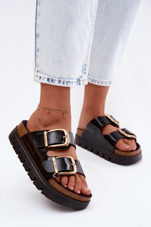 Goldene Damen-Lackleder-Platform-Slipper mit Schnallen Lee Cooper LCIN-26-35-4459L