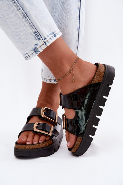 Goldene Damen-Lackleder-Platform-Slipper mit Schnallen Lee Cooper LCIN-26-35-4459L