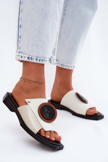 Lederhausschuhe Feminin geometrisches Design Es mussciejka K7479-01 Beige-schZuarze Farbe