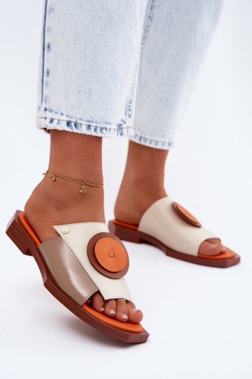 Chaussons en cuir pour femmes couleur sable et orange avec design géométrique Tai turiciejka K7479-18 2