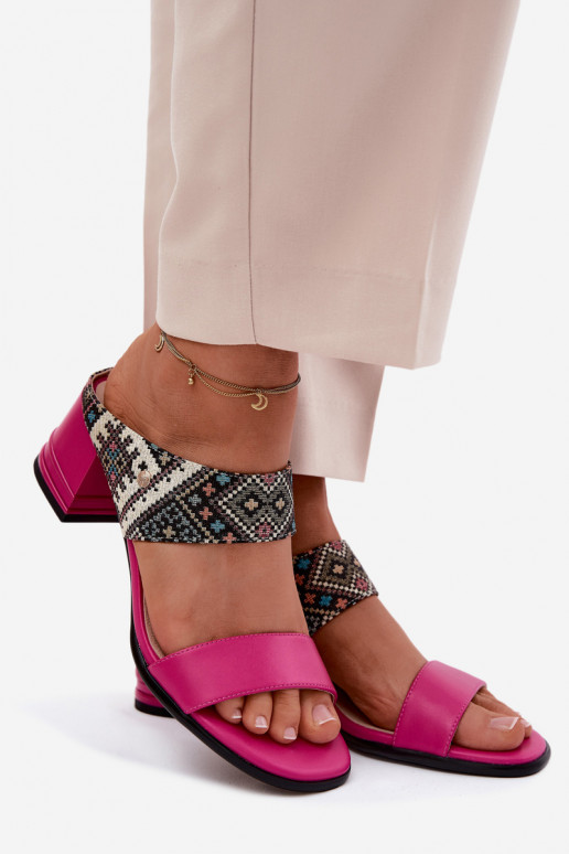 Roze leren dames slippers met patroon en hak Tai turiciejka K7522-15