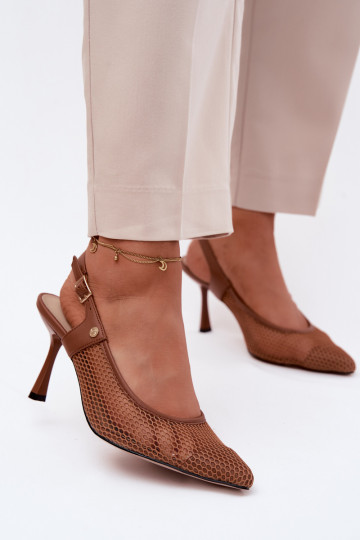 Leer OpengeInerkte sandalen Schoenen Dames met dunne hakken Het heeftciejka K7507-29 bruine kleur