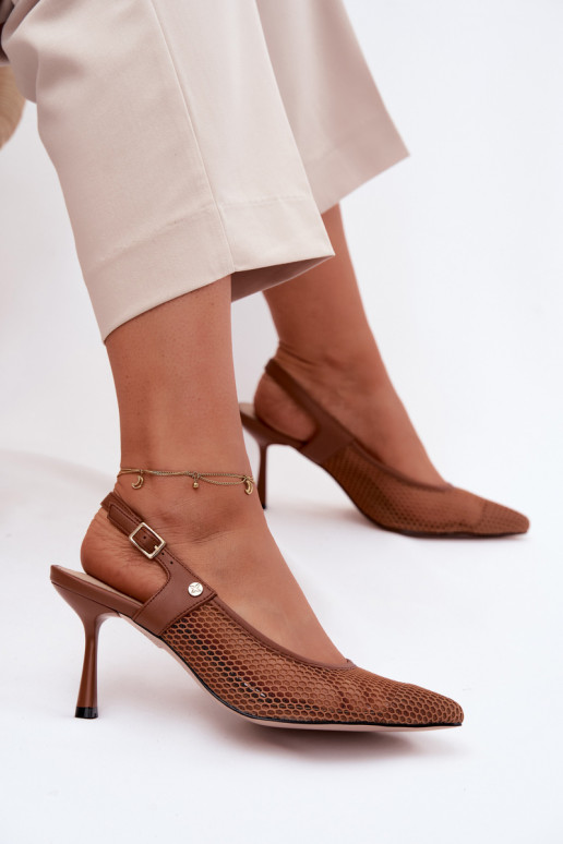 Braune Leder-Damen-Sandalen mit dünnen Absätzen Tai turiciejka K7507-29