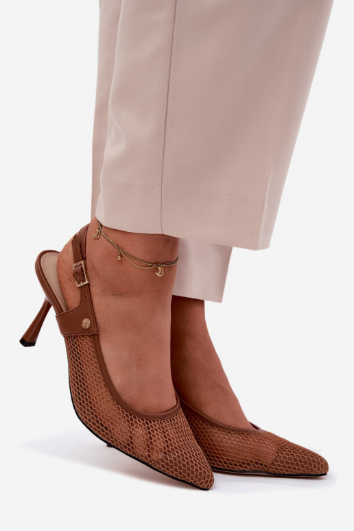 Leer OpengeInerkte sandalen Schoenen Dames met dunne hakken Het heeftciejka K7507-29 bruine kleur