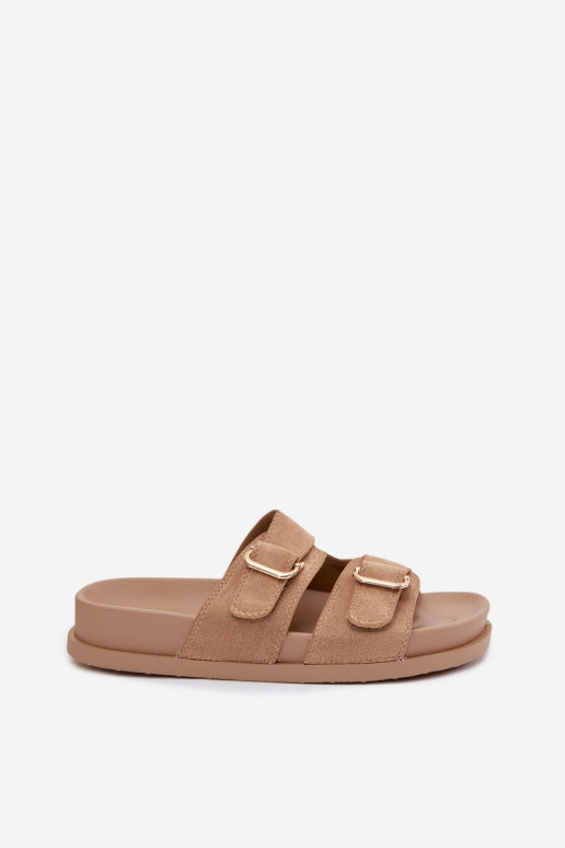 Damenhausschuhe Ze goldene Farbemi mit Schnallenmi Beige Pelorin