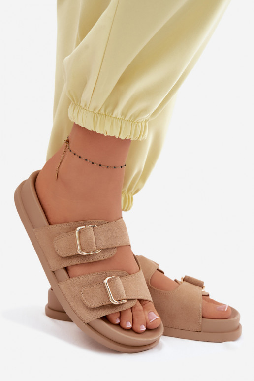 Damenhausschuhe Ze goldene Farbemi mit Schnallenmi Beige Pelorin