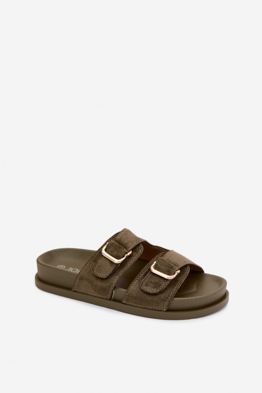 Khaki slippers met gouden gespen Pelorin