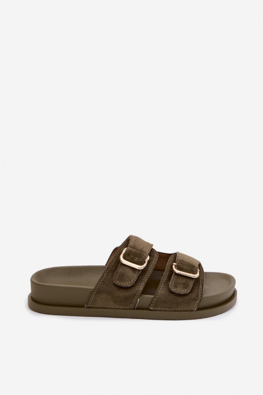 Khaki slippers met gouden gespen Pelorin