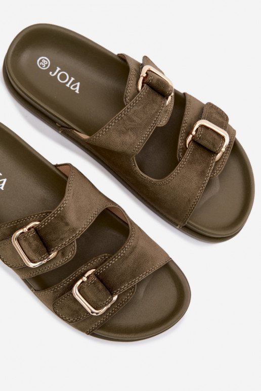 Khaki Slipper mit goldenen Schnallen Pelorin