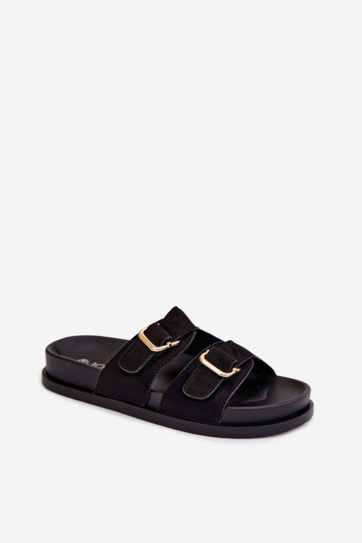 Schwarze Slipper mit goldenen Schnallen Pelorin