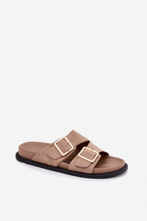 Sandfarbene Kunstveloursleder-Slipper mit goldenen Schnallen Selissea