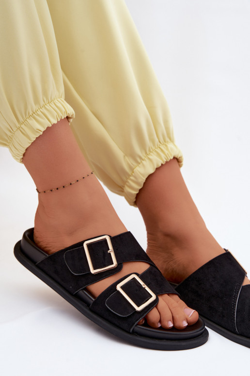 Pantoufles pour femmesImitacji en daimu couleur dorée avec boucles couleur noire Selissea