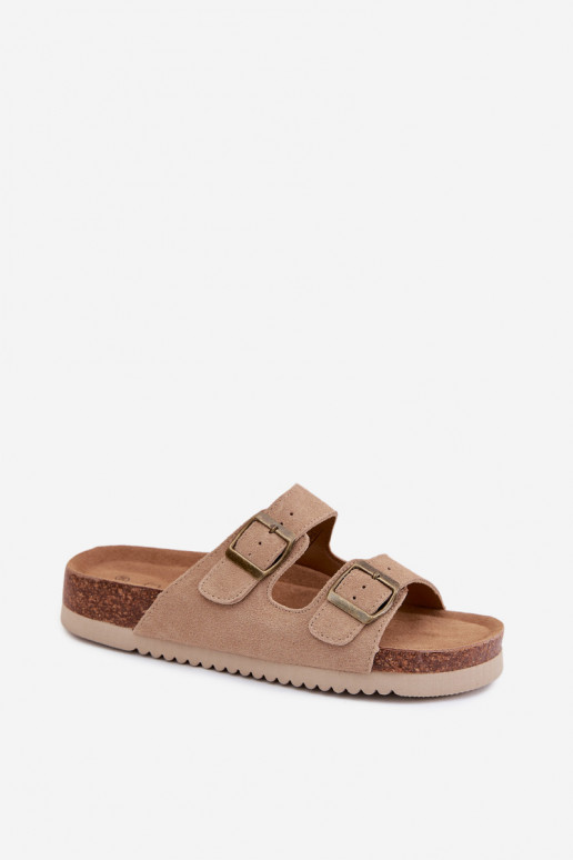 Chaussons en cuir daim couleur sable avec boucles Rosaliae