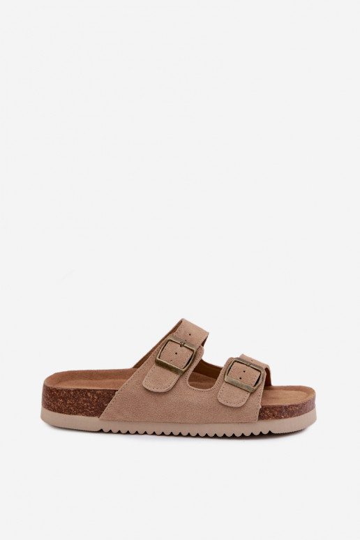 Sandfarbene Leder-Suede-Slipper mit Schnallen Rosaliae