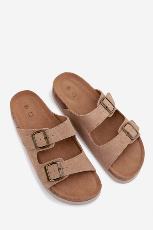 Sandfarbene Leder-Suede-Slipper mit Schnallen Rosaliae