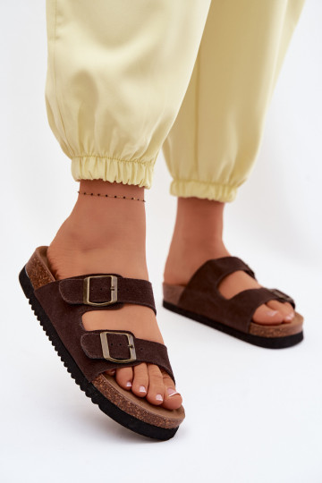 Bruine leren suede slippers met gespen Rosaliae