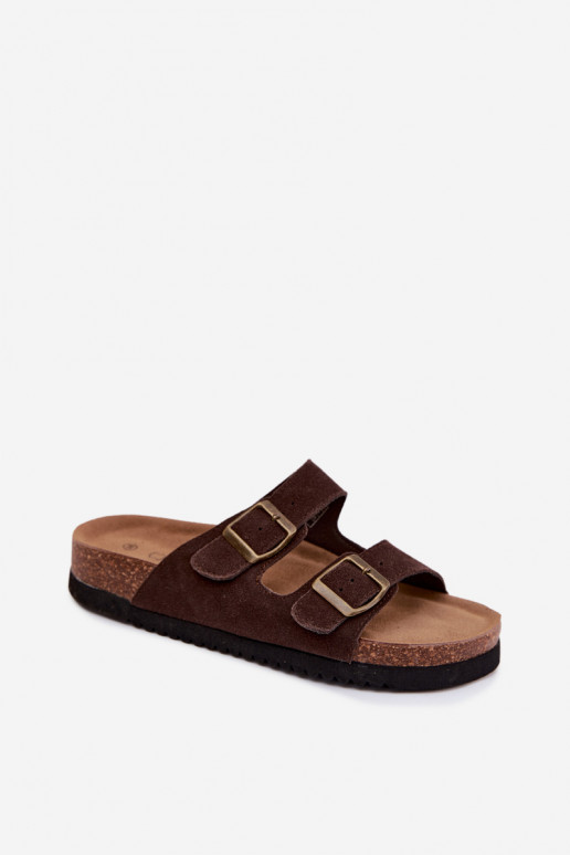 Leer Dames suède pantoffels met gespen CzekoladoIne Rosaliae