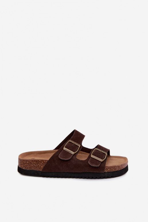 Leer Dames suède pantoffels met gespen CzekoladoIne Rosaliae