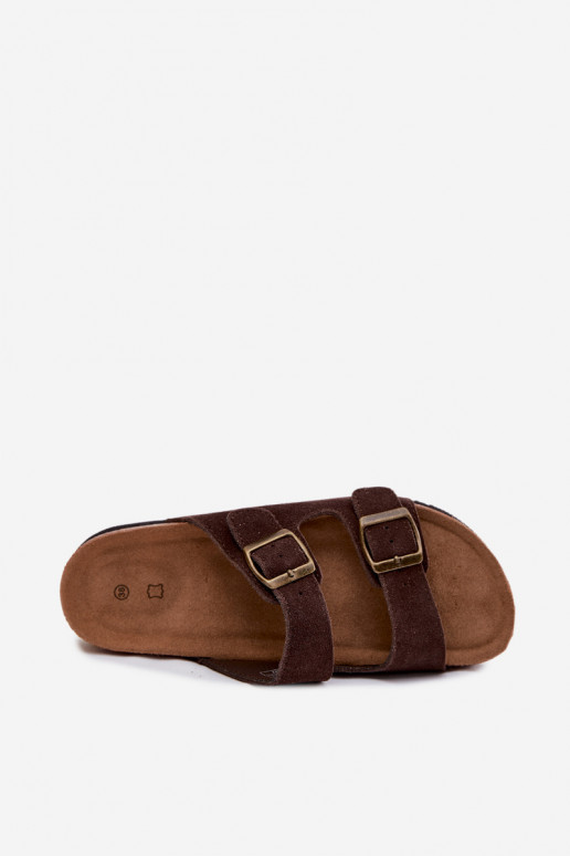 Bruine leren suede slippers met gespen Rosaliae