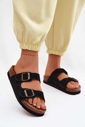 Chaussons en cuir daim noir avec boucles Rosaliae